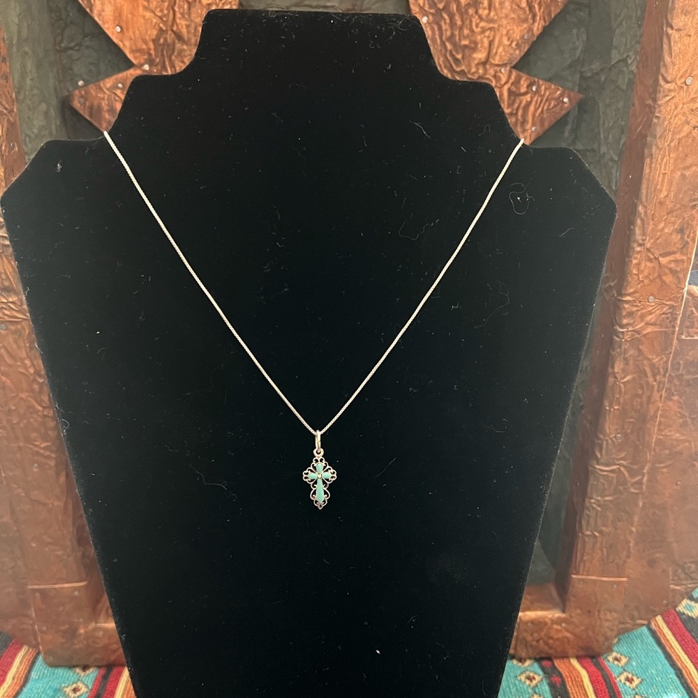 Vintage Native American Sterling Silver Turquoise Cross Pendant - Picture 4 of 7